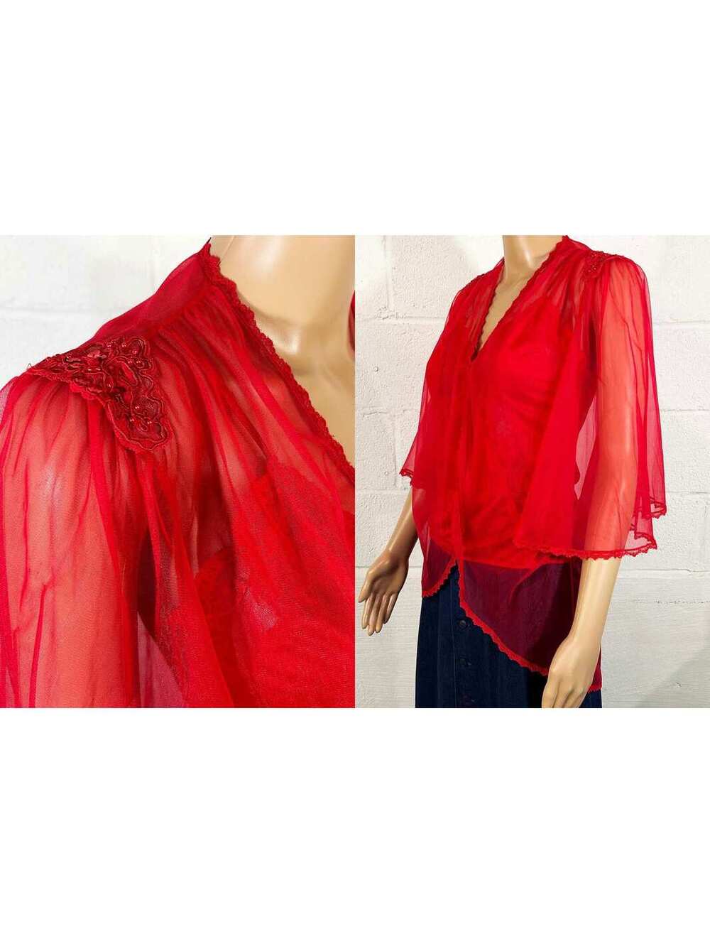 Bed Jacket Nightgown Red Sheer Short Bell Sleeves Sleepwear 1980s Medium
